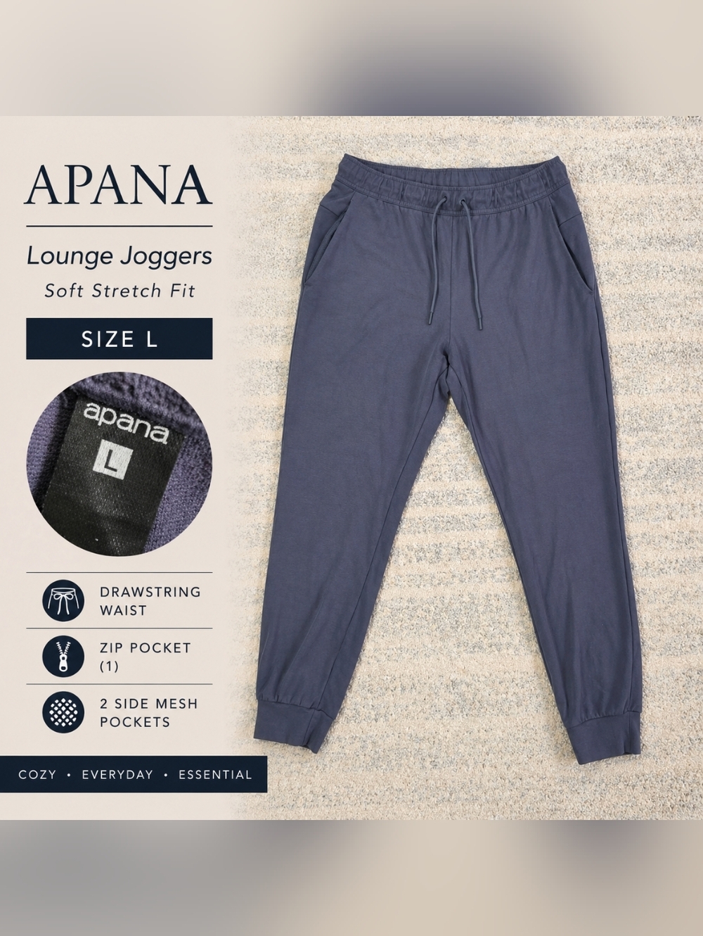 Apana Pajama Joggers Size L Gray Blue Drawstring Sleep Lounge Pants